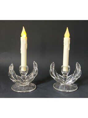 Pair Vintage Indiana Glass Willow Clear Taper Candlesticks Mid Century‎ 1950s